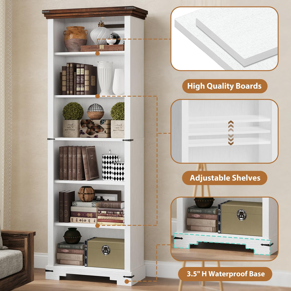HOTLUU 6-Tier Farmhouse Bookshelf, 73 inch Tall Book Shelf with Unique Design & 2 Adjustable Shelves, Wooden Bookshelf for Study Room, Living Room, Kitchen, Bedroom (White) HOTLUU