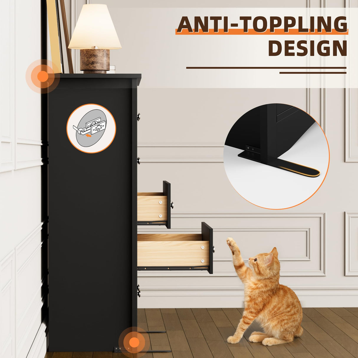 Flamaker Tall Dresser for Bedroom, 5 Drawer Dresser, Wood Dressers, Wide Chest of Drawer, Storage Drawers, Storage Organizer for Closet, Hallway (Black) Flamaker