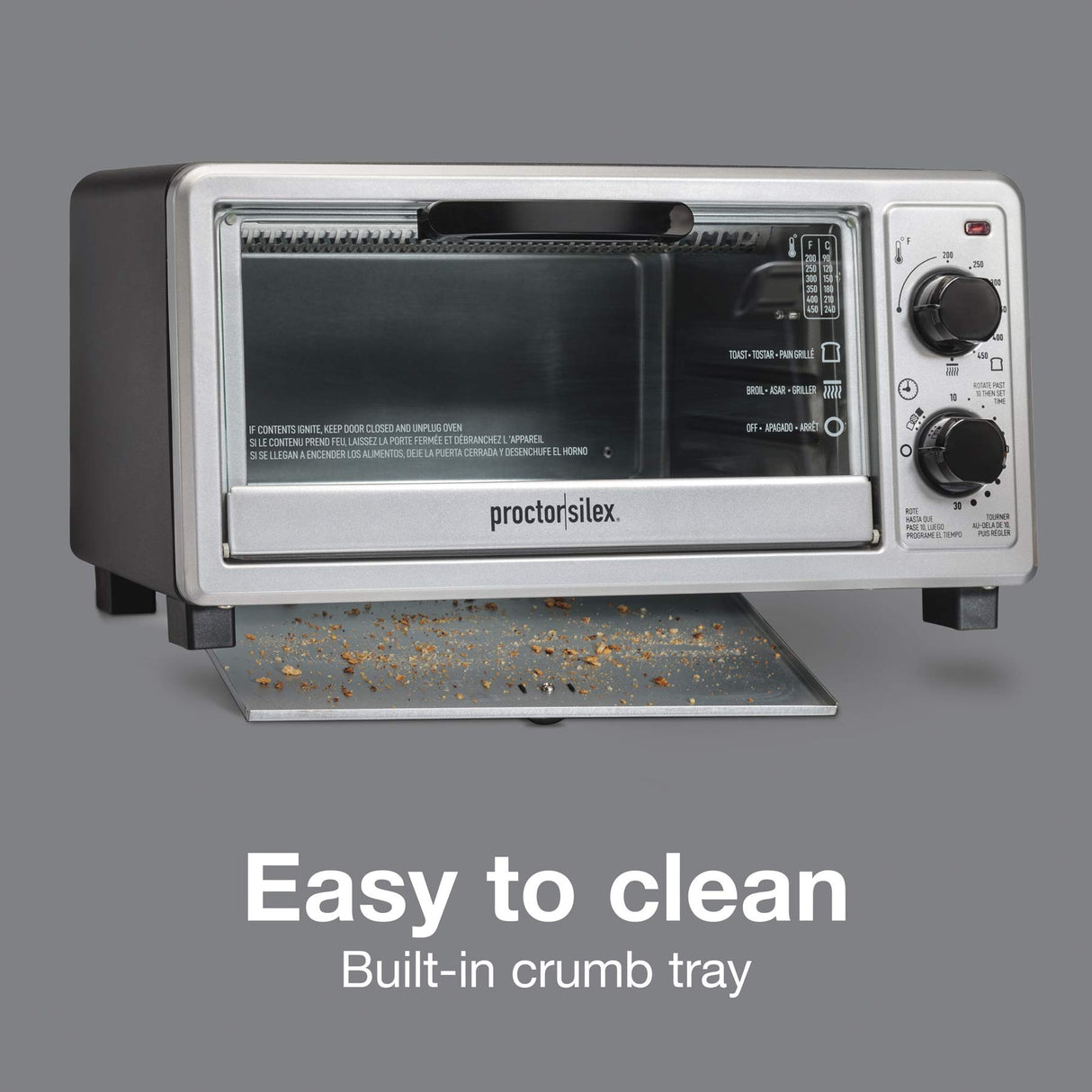 Proctor Silex 4 Slice Countertop Toaster Oven, Multi-Function with Bake, Toast and Broiler, 1100 Watts, 30 min timer and auto-shutoff, Includes Backing Pan and Rack, Black and Silver (31260) Proctor Silex