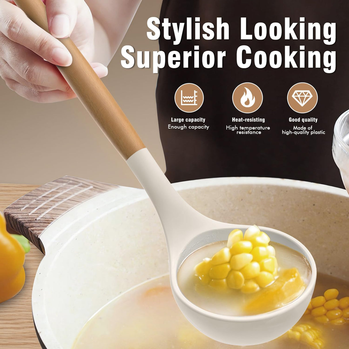 Silicone Cooking Utensils Set - Silicone Kitchen Utensils for Cooking Wooden Handles, 446°F Heat Resistant Kitchen Utensil Spatula Sets w Holder, Gadgets for Non-Stick Cookware BPA FREE (Cream White) AVGPD