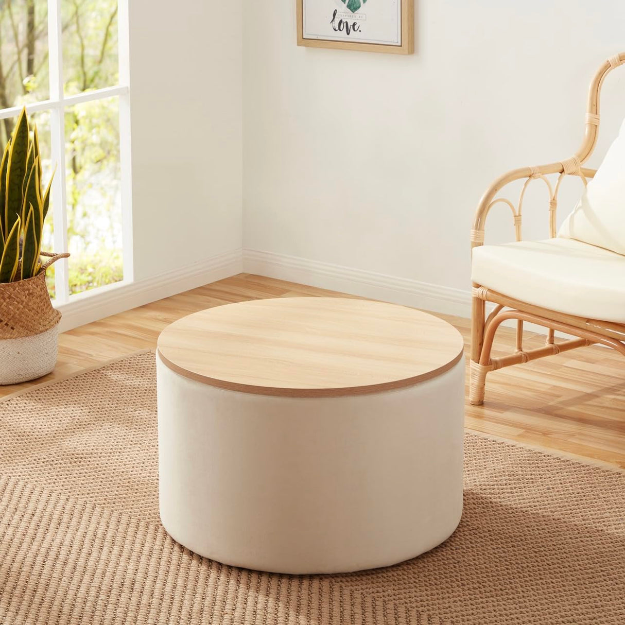 Ornavo Home 22 inch Large Round Ottoman Coffee Table Storage Ottoman with Wooden Lift Off Lid, Ottoman with Storage for Living Room, Bedroom and Office, Velvet Cream Ornavo Home