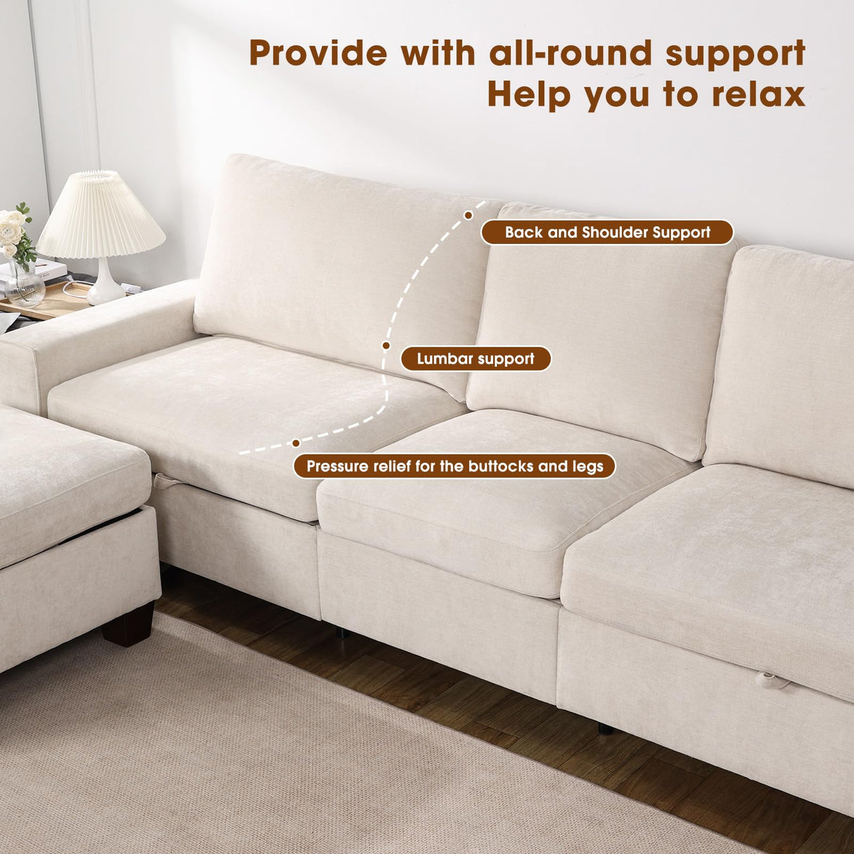 Couchus 112“ Convertible Storage Sectional Sofa,L Shaped Couch with Storage Ottoman,Multi-Functional Reversible Sofa with Huge Storage Space, Breathable Fabric (Beige) Couchus