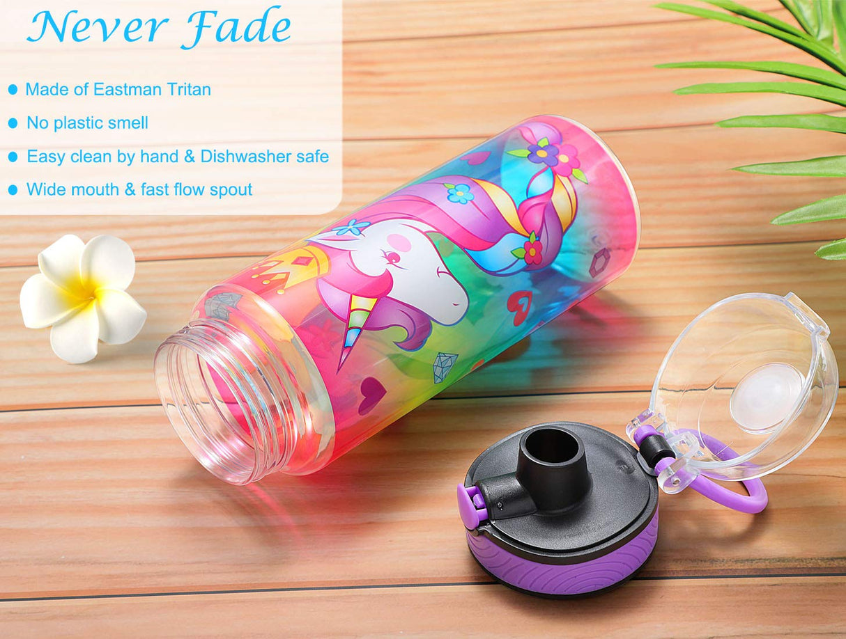 Cute Water Bottle for School Kids Girls, BPA FREE Tritan & Leak Proof & Easy Clean & Carry Handle, 23oz/ 680ml - Unicorn Home Tune