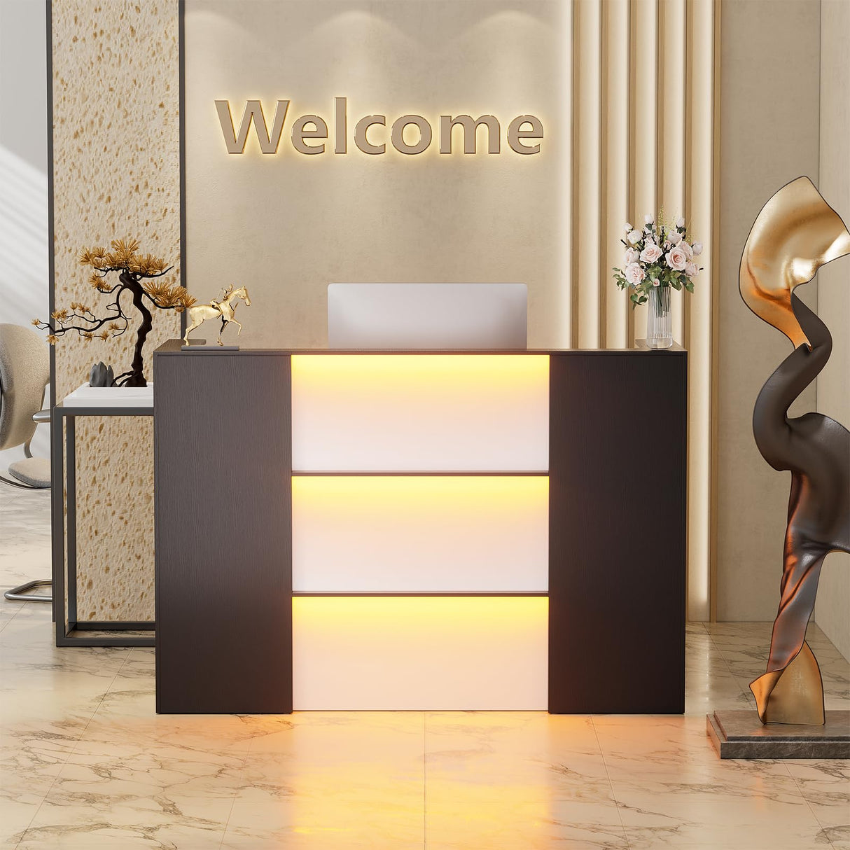 PAKASEPT Modern Reception Desk with LED Lights, 63 Inches Front Counter Table with Lockable Drawer & Shelves, Checkout Counter for Reception Room, Lobby, Beauty Salon (Black) (Black) PAKASEPT