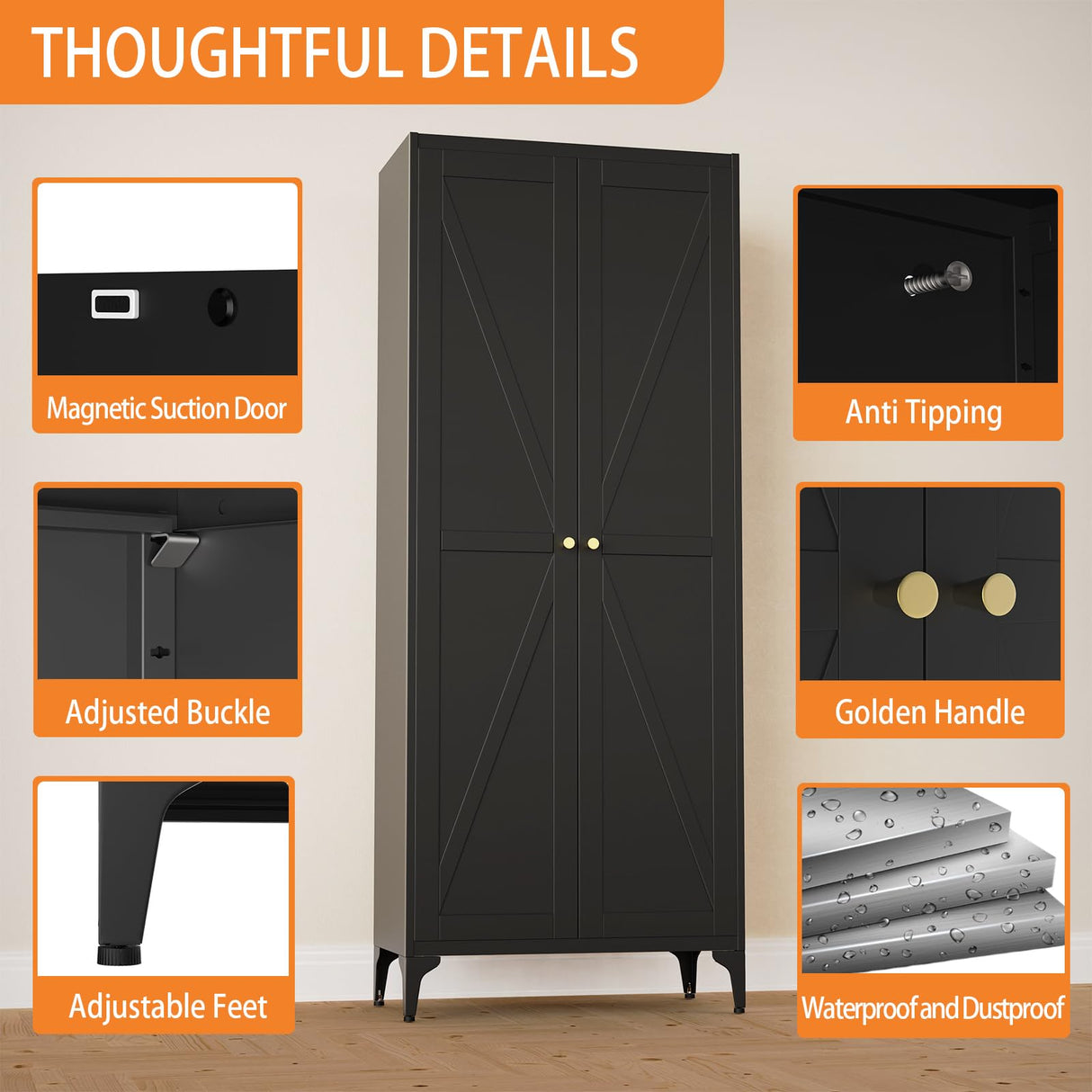 Howzone Tall Pantry Cabinet, 65" Kitchen Cupboard with Doors and Adjustable Shelves, Food Pantry Cabinets, Metal Hutch Cabinet with Storage for Kitchen, Living Room, Dining Room, Black Howzone