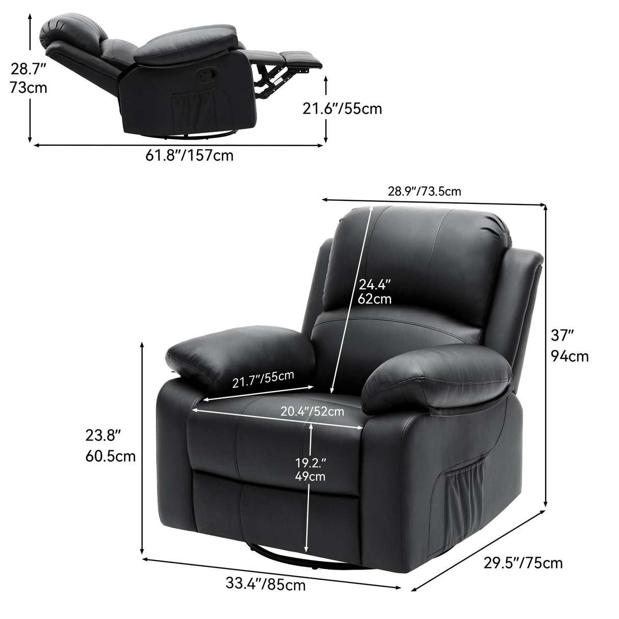 YITAHOME Rocker Recliner Chair with Heat & Massage, Faux Leather Recliner with Overstuffed Armrest, 360° Swivel, Manual Reclining, Rocking Function & Side Pocket for Living Room,Black1 YITAHOME