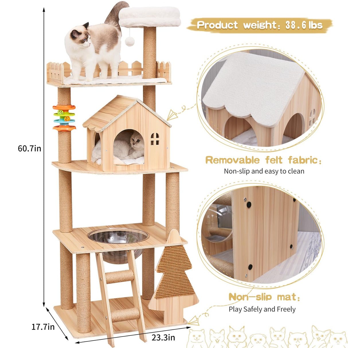 Elegaif Cat Tree, Wood Cat Tree Tower for Indoor Cats, 60.7" Modern Cat Tower with Sisal-Covered Scratching Posts and Top Perch,Cat Condo with Acrylic Hammock for Small Large Cats Elegaif