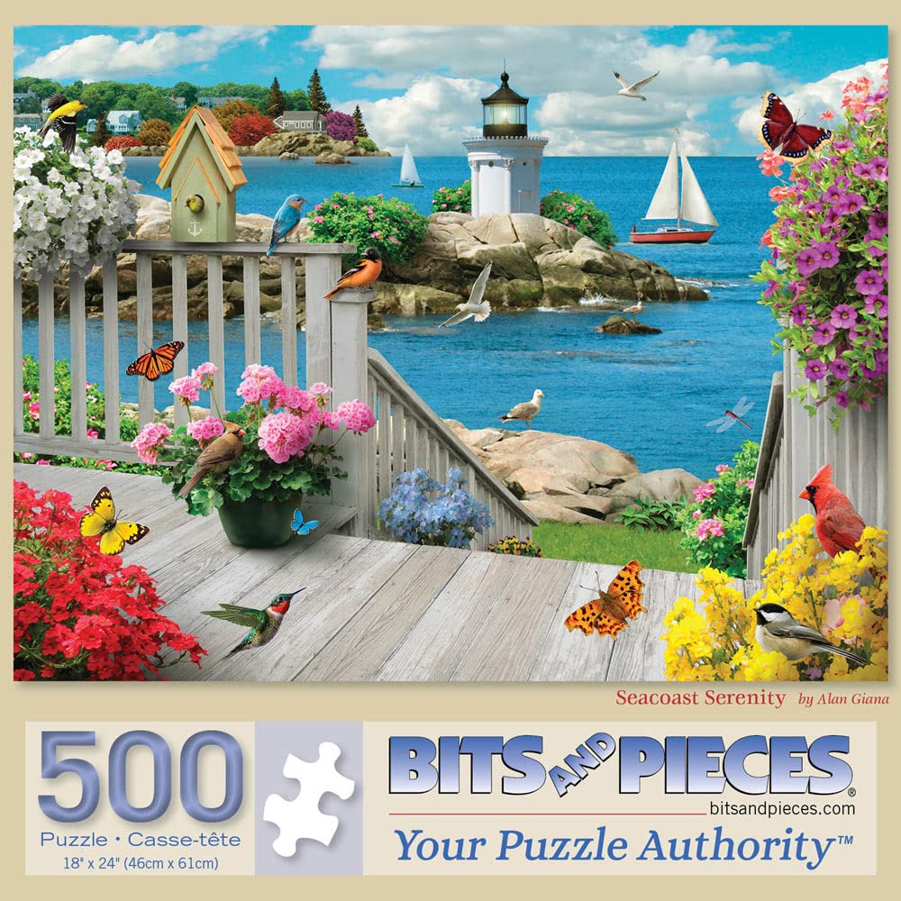 Bits and Pieces – 500 Piece Jigsaw Puzzle for Adults – Seacoast Serenity - Ocean Boat Birds Summer Light House Flower Jigsaw Puzzle by Artist Alan Giana, Completed Puzzle Size: 18" x 24" Bits and Pieces