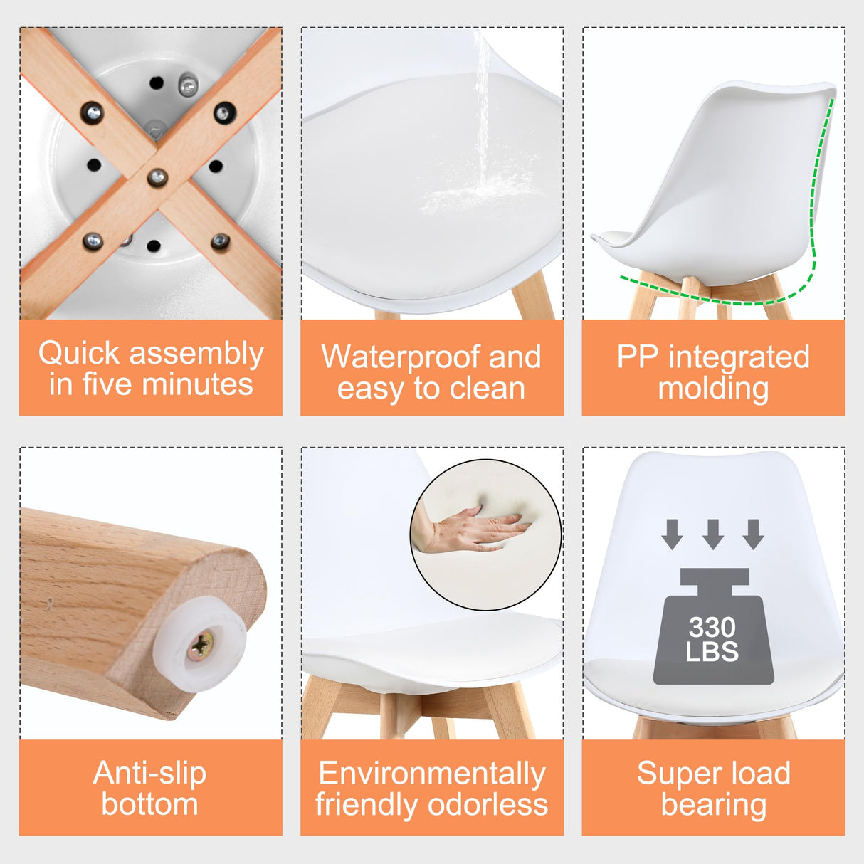 LSSBOUGHT Mid Century Modern Dining Chairs, Shell Lounge Plastic Desk Chair Side Chair with Soft Padded and Wooden Legs for Dining Room Living Room Bedroom Kitchen Set of 2 (White) LSSBOUGHT