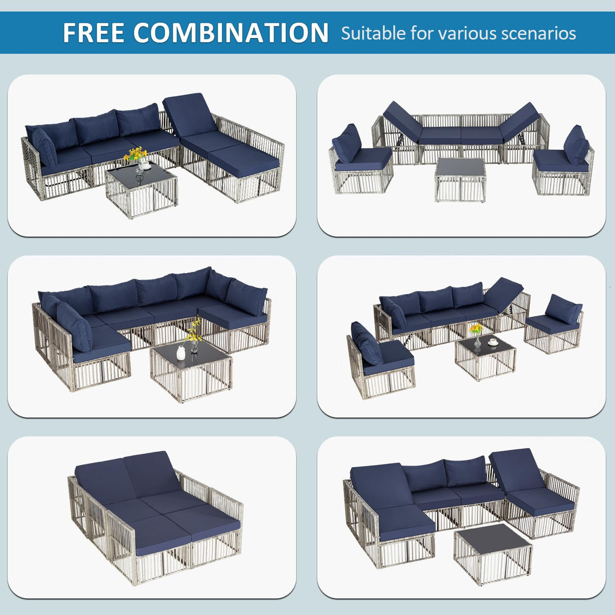 FHFO 7 Pieces Outdoor Patio Furniture Set, Wicker Outdoor Sectional Conversation Couch Set with Adjustable Backrest Sofa, Thick Cushion & Coffee Table for Garden, Porch, Poolside, Grey/Blue FHFO