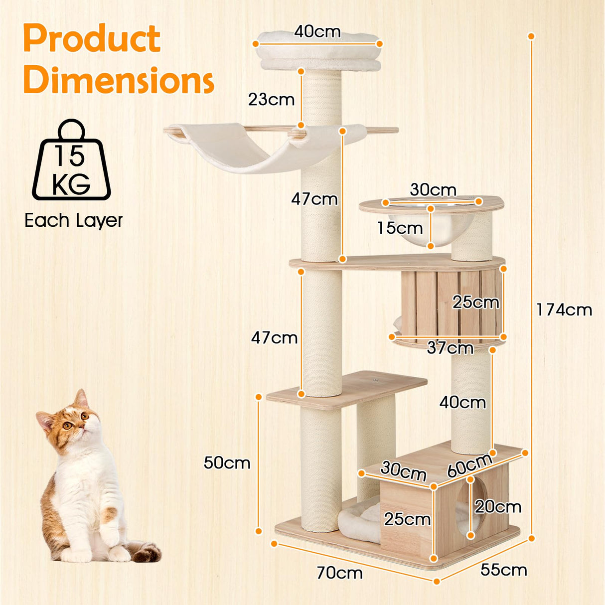 PETSITE 69 Inch Tall Wood Cat Tree, Multi-Level Modern Cat Tower with 5.7 inch Scratching Posts, Double Cat Condos, Space Capsule, Hammock, Large Wooden Cat Tree Tower for Indoor Cats, Natural PETSITE