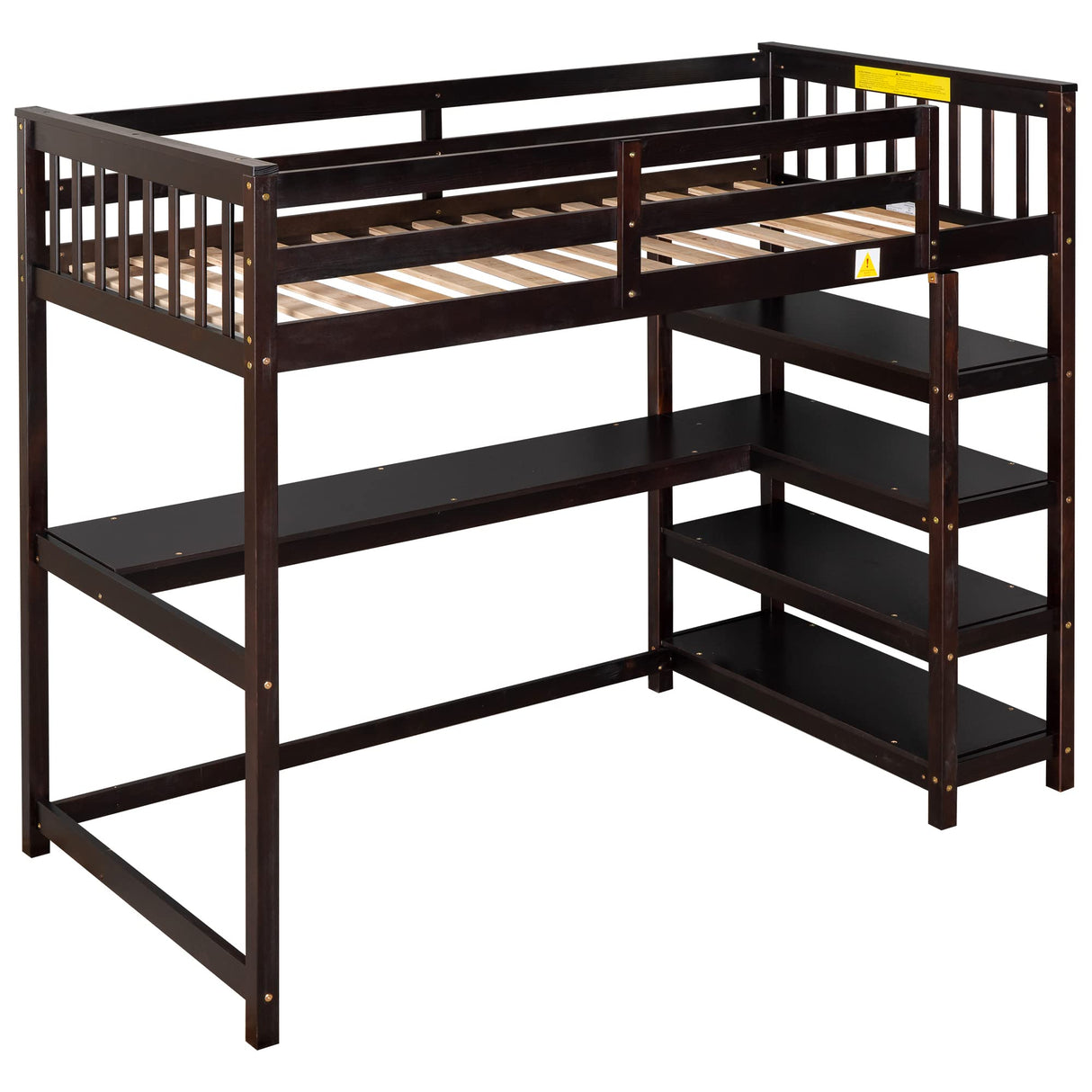 Twin Size Loft Bed with Desk & 4-Storage Shelves, Wood Loft Bed Frame with Safety Guard Rail and Under-Bed Desk, Noise Free, No Box Spring Needed, Espresso Bellemave