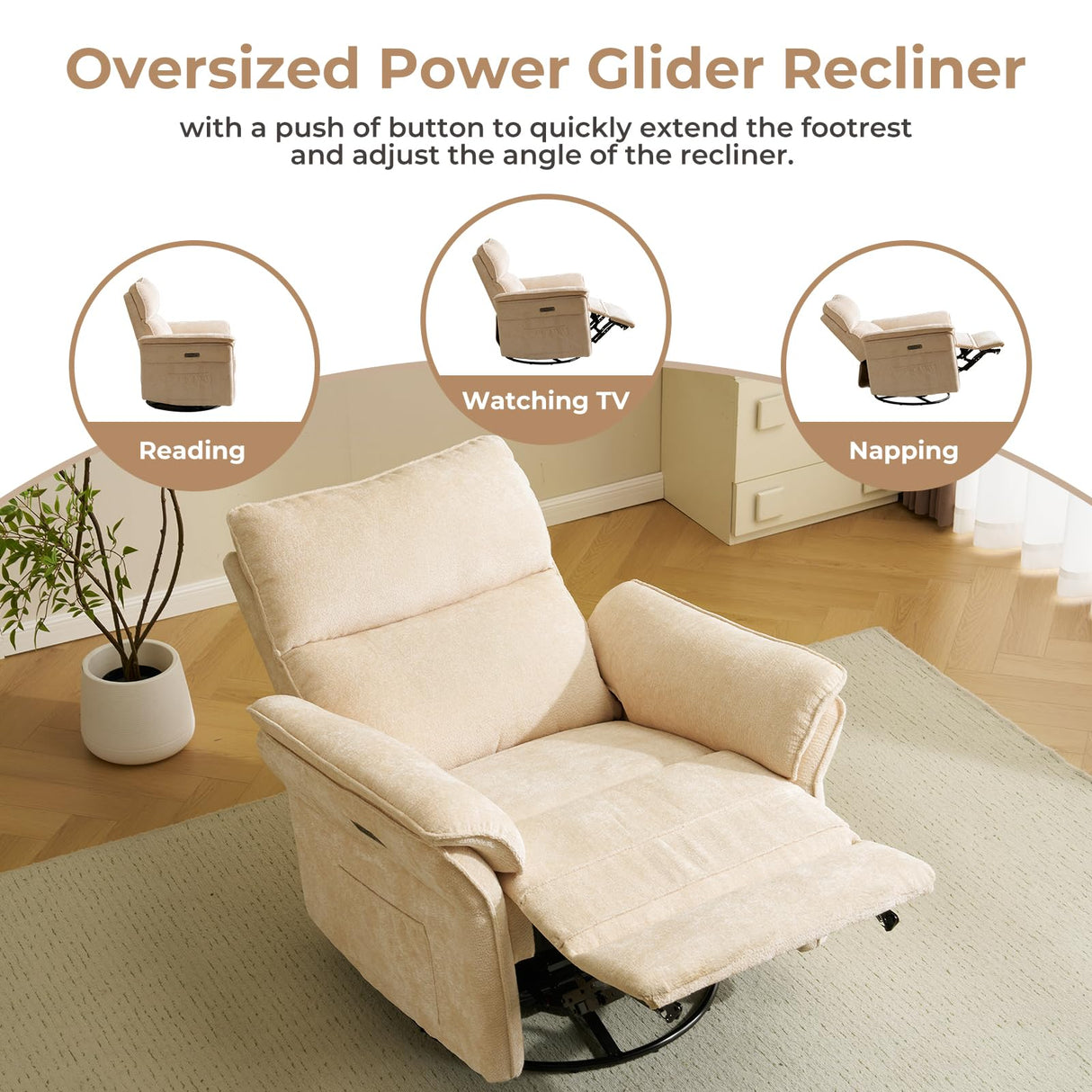 Oversized Power Recliner Chairs for Adults with Massage and Heat, Power Swivel Rocker Recliner Chair with Adjustable Headrest, 26" Extra Wide Rocker Nursery Recliner with USB Port, Beige RUTOX