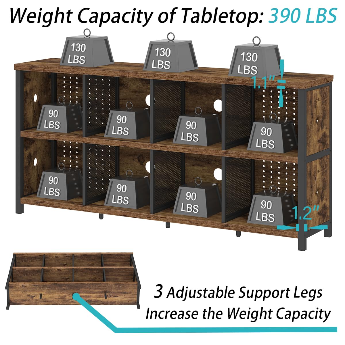 LVB Rustic Horizontal Bookshelf, Industrial Bookcase Cube Storage Organizer, Wide Large Metal Wooden Office Cube Shelf, Farmhouse Low Long Book Shelf for Home Bedroom Living Room, Rustic Brown, 63 in LVB