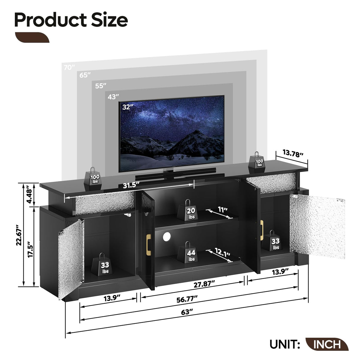 Bestier TV Stand for 55 65 inch TV, LED Entertainment Center with Storage Cabinets & Adjustable Shelves, Modern TV Console with Acrylic Door, TV Stands for Living Room Bedroom (Glossy Black) Bestier