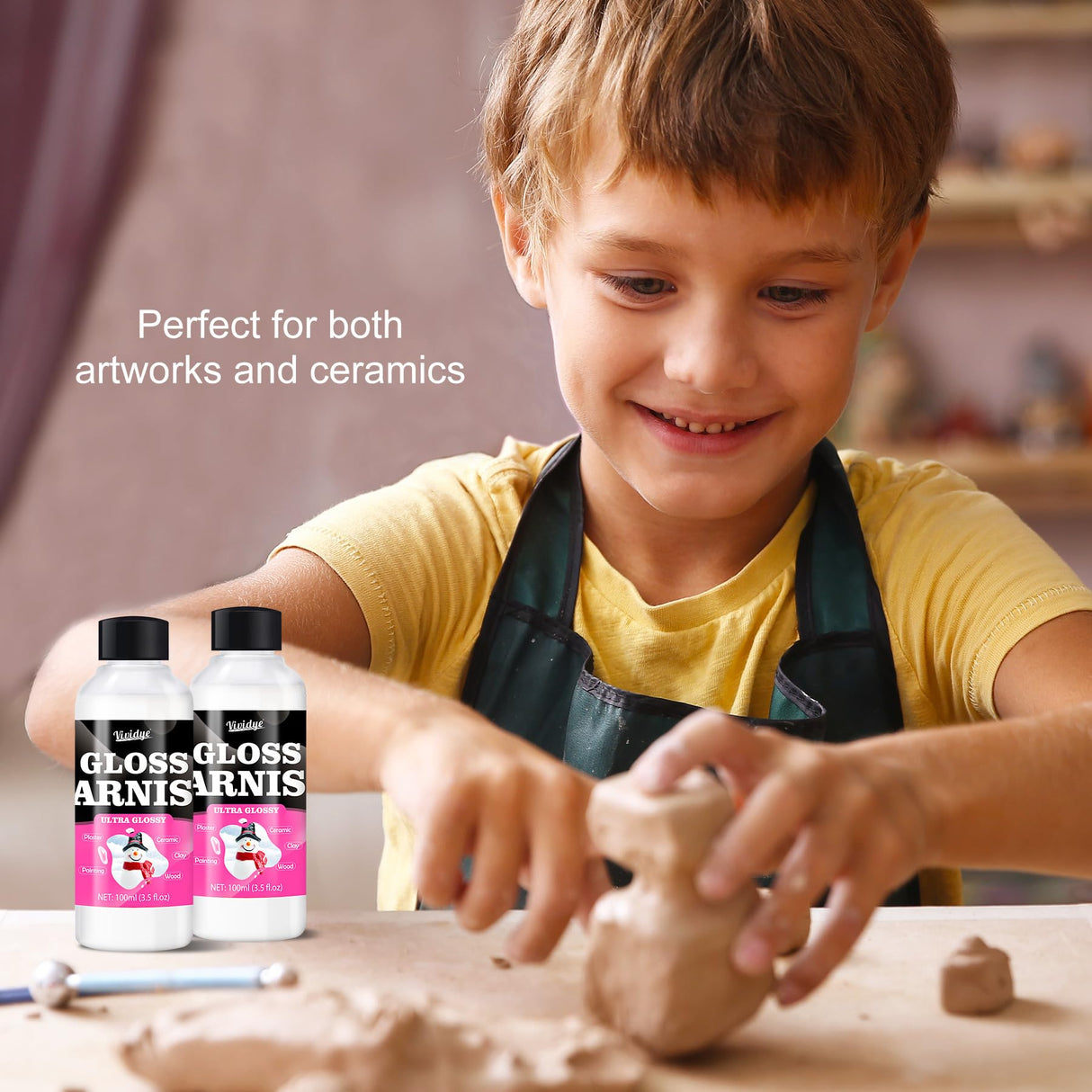 Air Dry Clay Varnish, 200ml/7oz High Gloss Varnish, Ceramic Glaze, Clear Clay Sealant with Brushes for Craft Pottery, Acrylic Painting, Wood, Prevent Cracking Scratches Wear, Waterproof Vividye