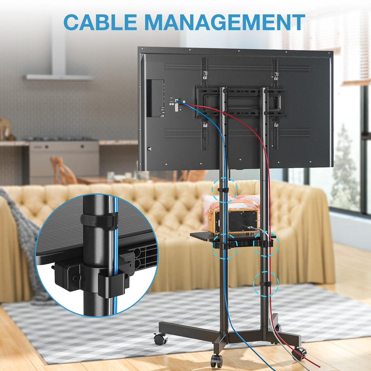 YOMT Mobile TV Stand for 32-75 inch TVs - Height Adjustable Rolling TV Stand, 88lbs Capacity, 2-inch Caster Wheels Portable TV Stand with Removable Storage Shelf YOMT