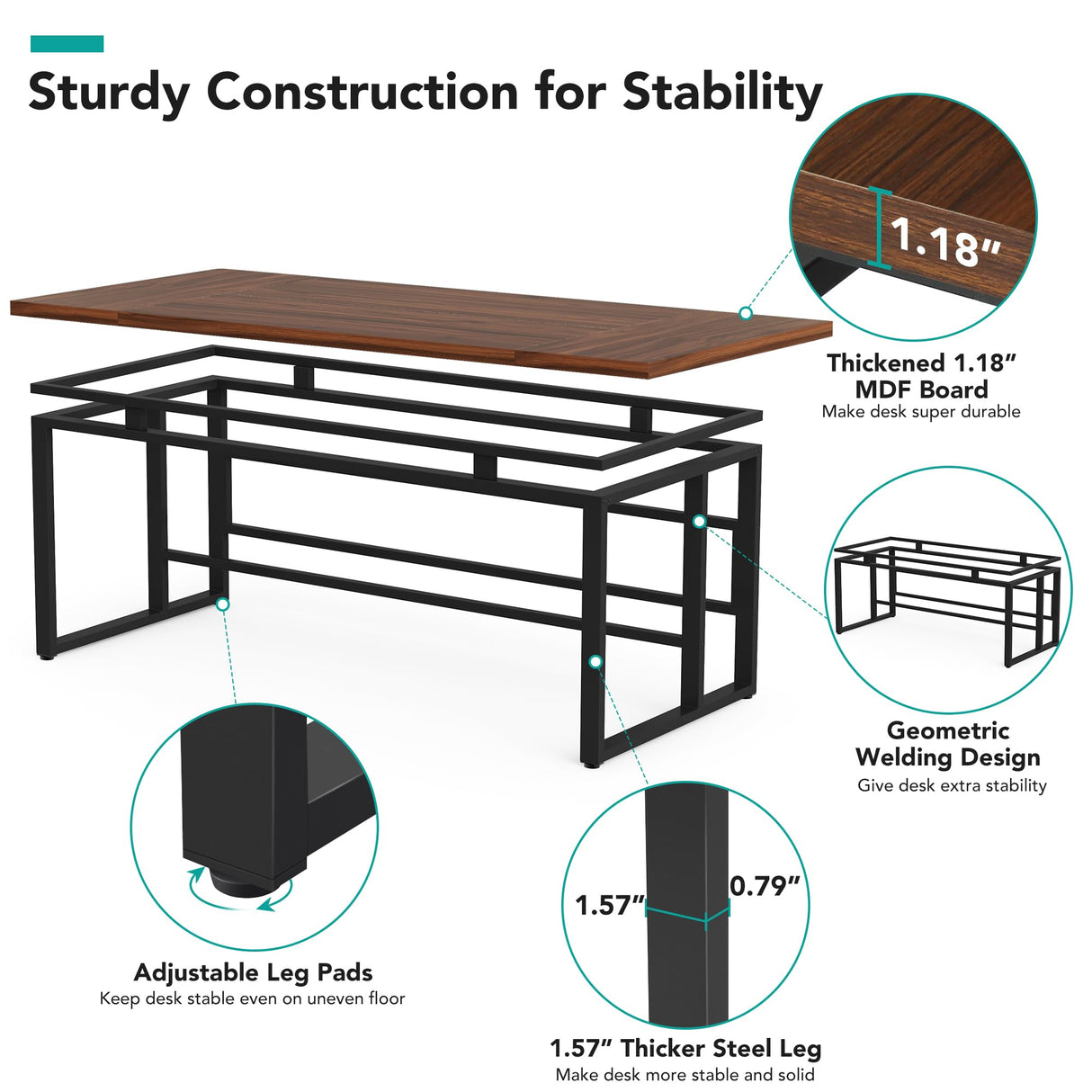 Tribesigns 63" Executive Desk with Bottom Hidden Shelf, Large Computer Desk Office Desk with Thickened Board and Frame, Workstation Writing Table for Home Office, Rustic Brown & Black Tribesigns