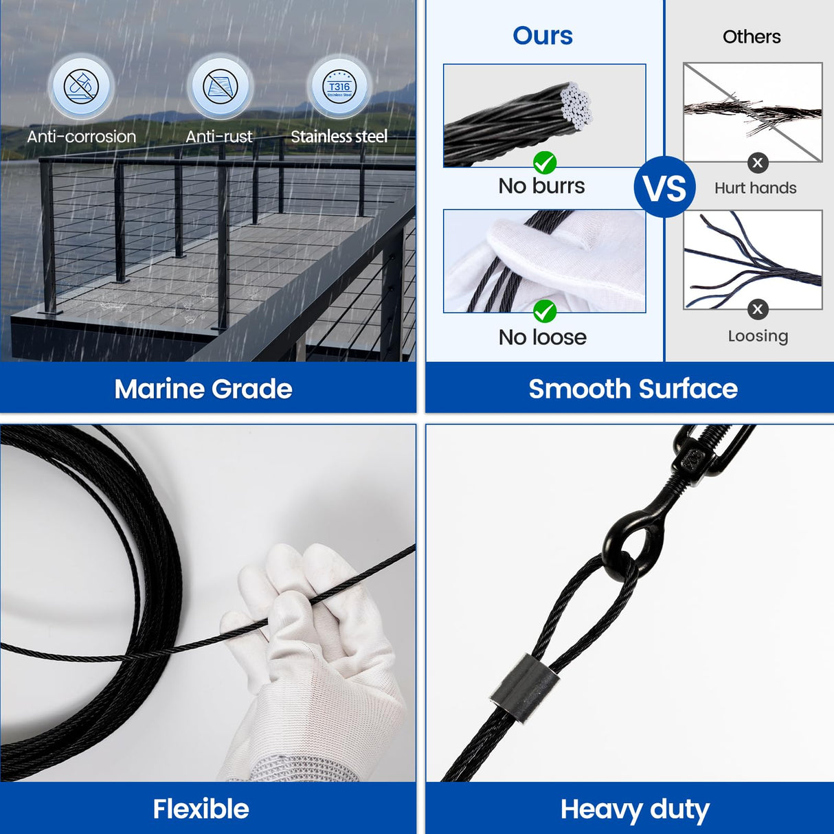 Muzata 600 ft 1/8" Black Stainless Steel Cable Railing System Hardware T316 Stainless Steel Wire Rope 7x7 Strands 1800 lb Breaking Strength Black Cable Railing Kit for Indoor Outdoor WR19 Muzata