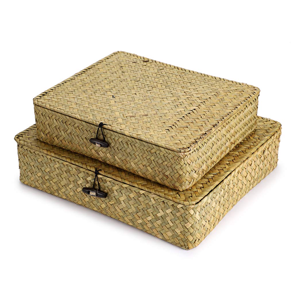 Hipiwe Natural Seagrass Storage Bins with Lid, Woven Wicker Basket Boxes Home Organizer Bins Shelf Organizer Box,Set of 2 Hipiwe