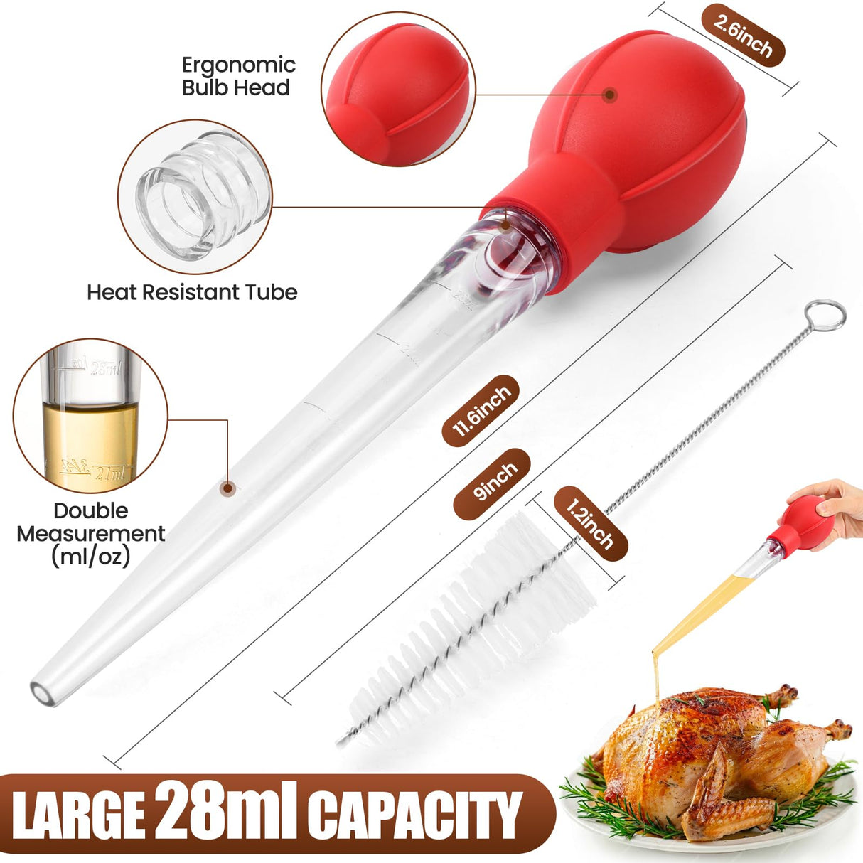 OLESBUR Premium Turkey Basters for Cooking – Baster Syringe for Hot Liquids – Meat and Food Injector – Essential Thanksgiving Cooking Tool – Turkey Baster Large with Cleaning Brush (Red) OLESBUR