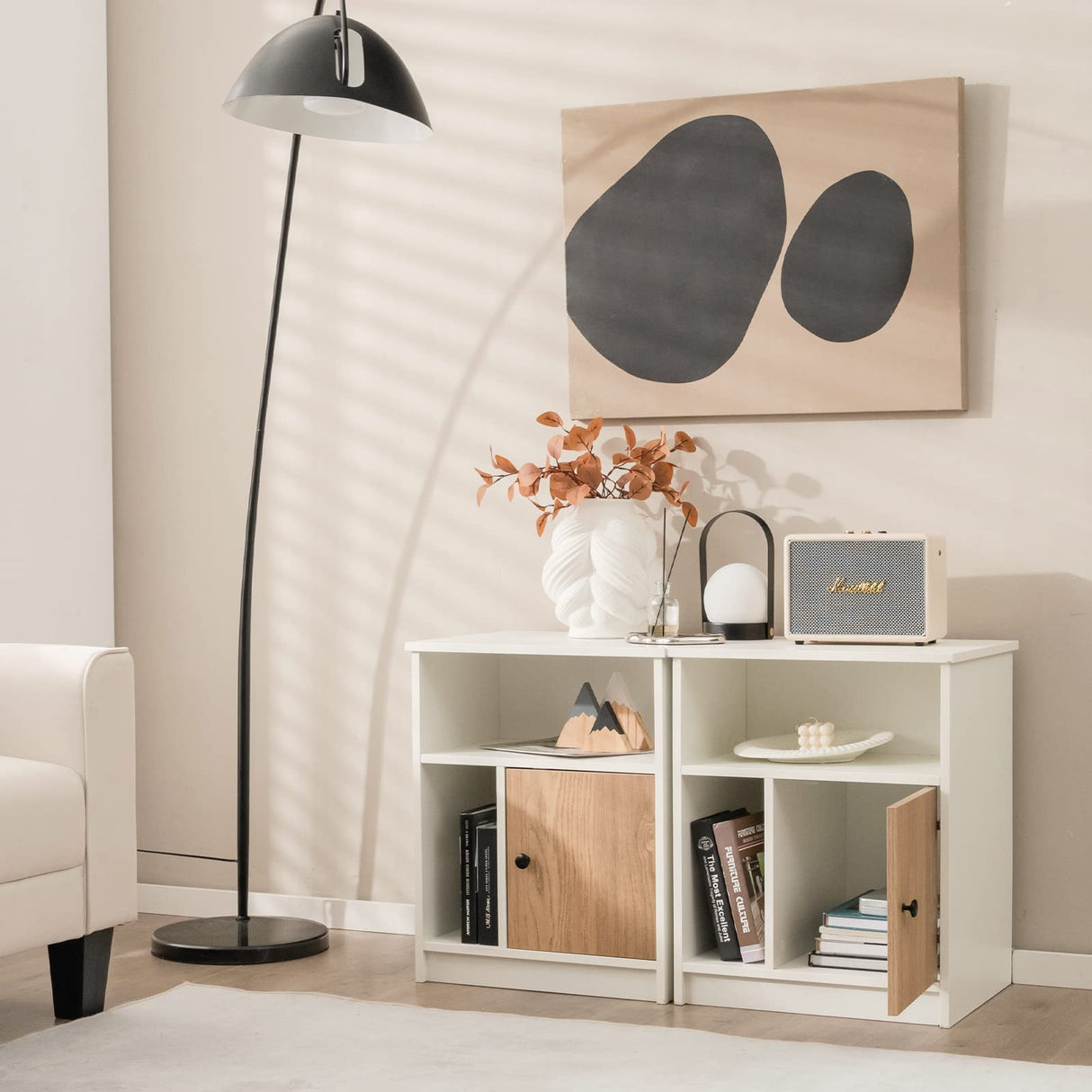 Tangkula Nightstand Set of 2, Wooden Sofa Side End Table with Bamboo Door & Open Compartments, Multifunctional 3 Tier Bedside Table for Bedroom, Accent Table with Storage (2, White) Tangkula