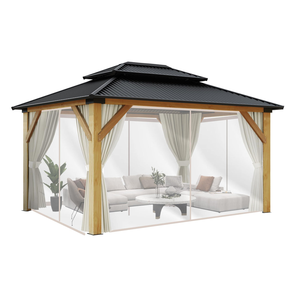 COVERONICS 13'ร15' Wooden Gazebo Curtains and Netting Replacement, Beige COVERONICS