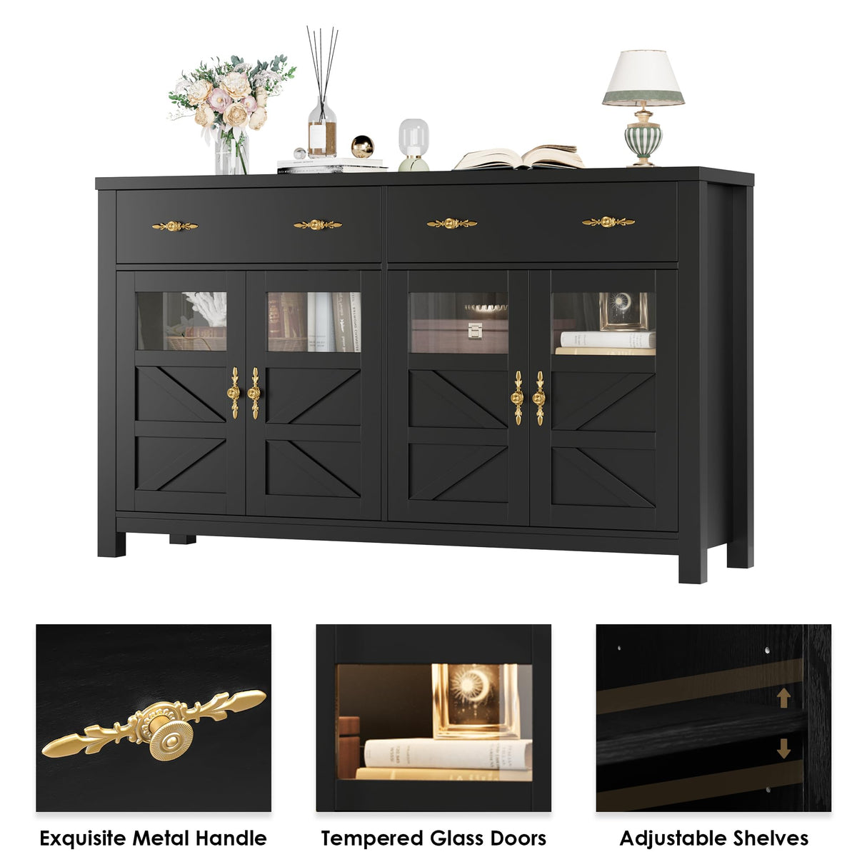 finetones Buffet Cabinet with Storage, 55.1" Large Sideboard Buffet Cabinet, Farmhouse Sideboard Kitchen Cabinet with 2 Drawers and 4 Doors, Wood Coffee Bar Cabinet Buffet Table for Kitchen, Black finetones