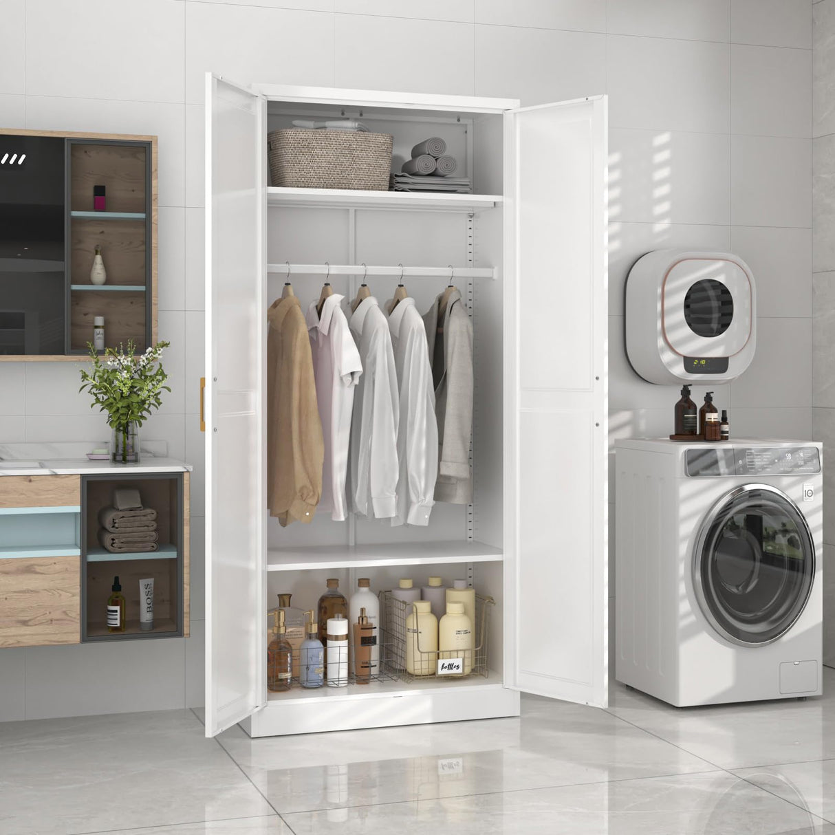 SteeLoong Metal Wardrobe Cabinet with Hanging Rod, 71" Tall Armoire Wardrobe Closet with 2 Doors and Adjustable Shelves, White Clothing Storage Cabinets for Bedroom, Laundry Room, Cloak Room SteeLoong