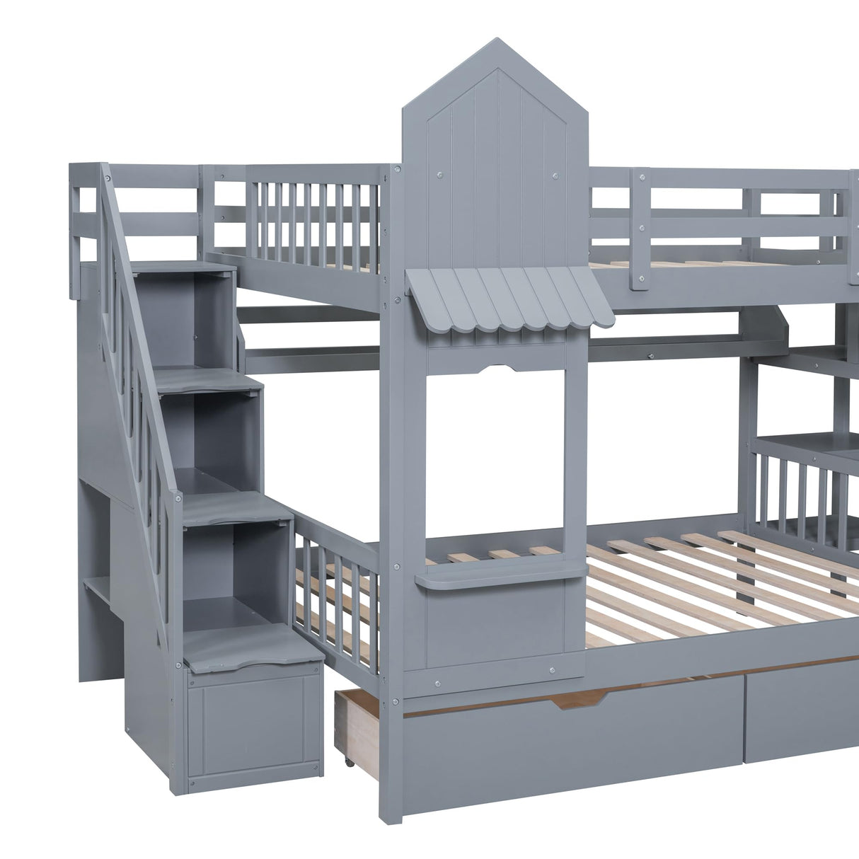 Harper & Bright Designs Full Over Full Bunk Bed with Slide and Stairs, Castle Style Bunk Beds with Storage Drawers and Shelves, Wooden Loft Bunk Bed Frame for Kids, Teens, Boys & Girls (Gray) Harper & Bright Designs