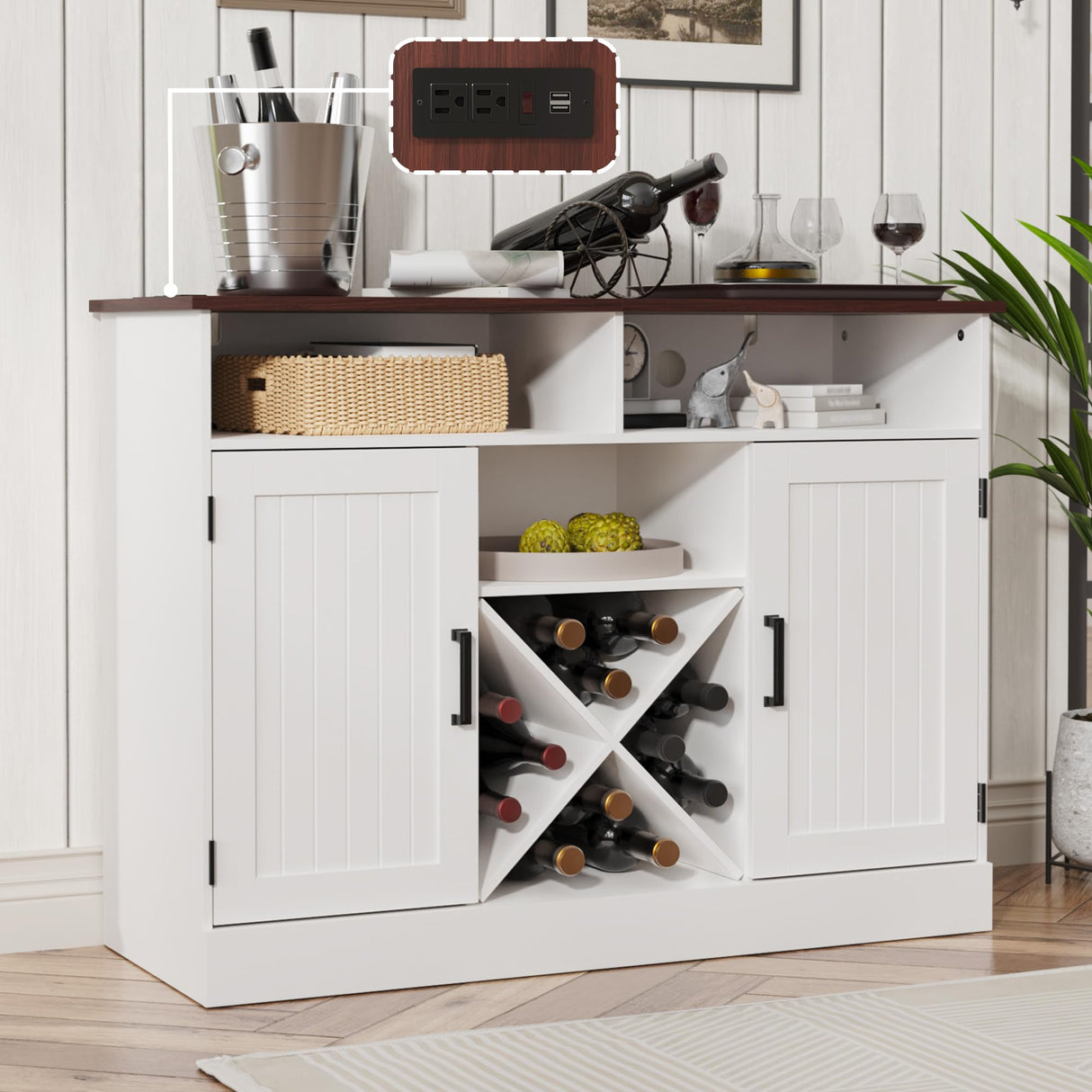 MHOM Farmhouse Coffee Bar Cabinet with Prower Outlets, Rustic Liquor Cabinet with Wine Rack, Wooden Wine Cabinet for Dining Room & Living Room, White MHOM