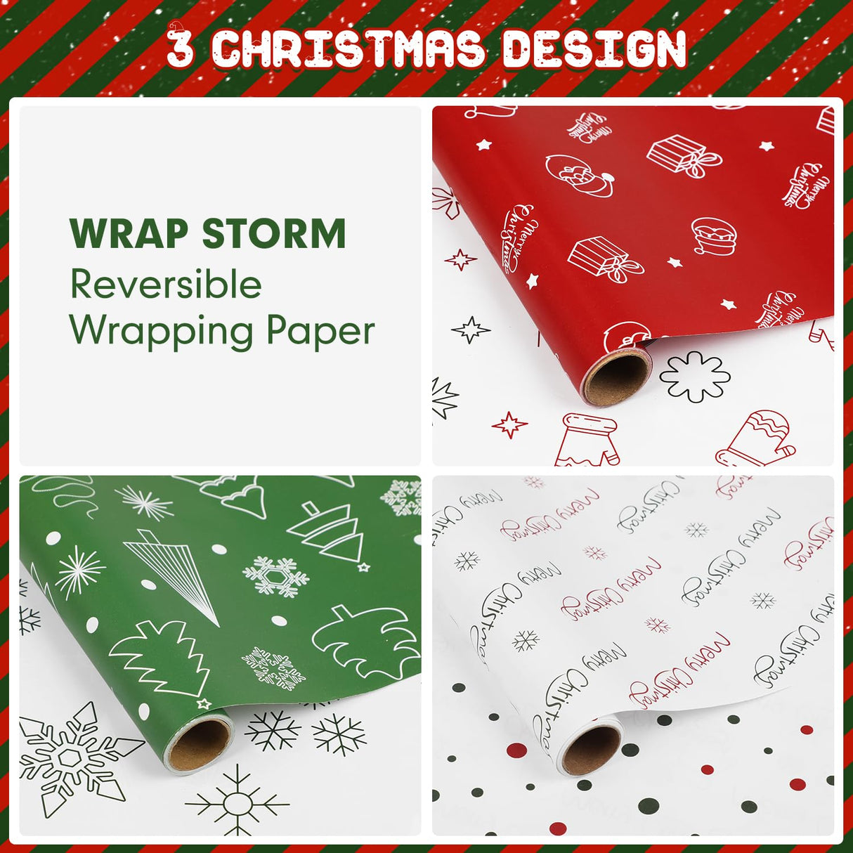 WRAP STORM Reversible Christmas Wrapping Paper – 3 Rolls (17" x 120") – Gift Wrap with 6 Holiday Designs: Santa, Trees, Snowflakes & Festive Dots WRAP STORM