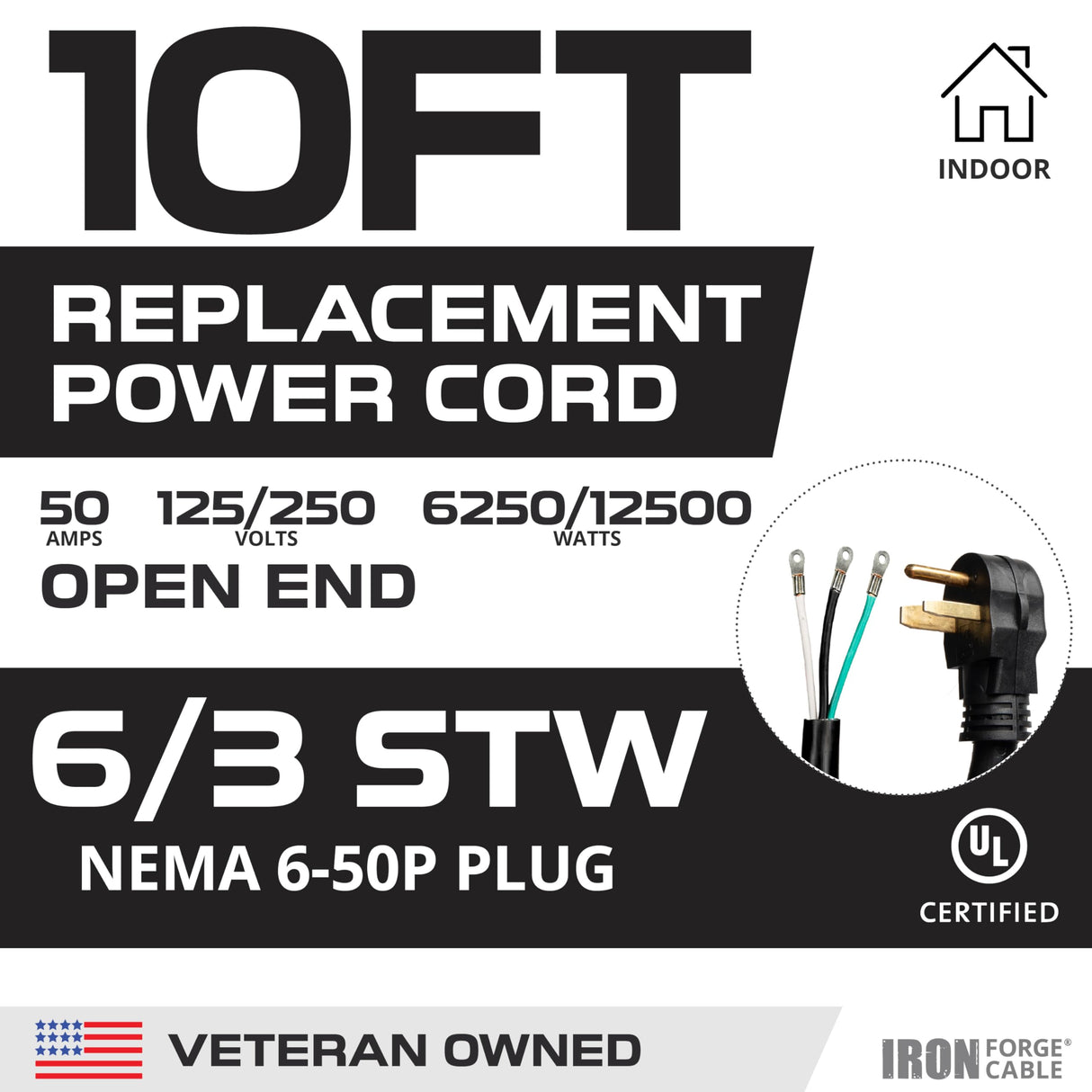 Iron Forge Cable NEMA EV Extension Cord 10 Ft with Open End, 50 Amp Power Cord with Eyelet 3 Wire 6/3 Gauge Replacement Cable, NEMA 6-50 Plug STW 250V for Level 2 EV Charger & Welder UL Certified IRON FORGE CABLE