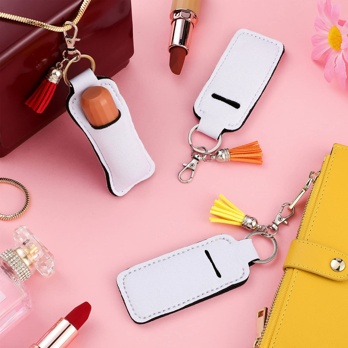 Jetec Sublimation Lipstick Holder Set Include 15 Pieces Blank Lipstick Keychain Holder 15 Pieces Colorful Keychain Tassels 15 Pieces Swivel Snap Hooks and 15 Pieces Jump Rings for Lipstick, Lip Balm Jetec