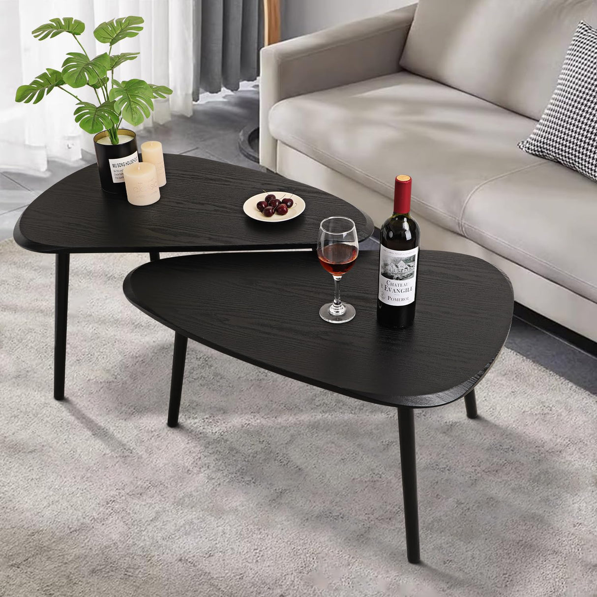WDSHIYI Black Nesting Coffee Tables Set of 2 End Bamboo Table for Living Room Bedroom Apartment Modern Industrial Simple Nightstand 32" D x 20" W x 18.5" H WDSHIYI