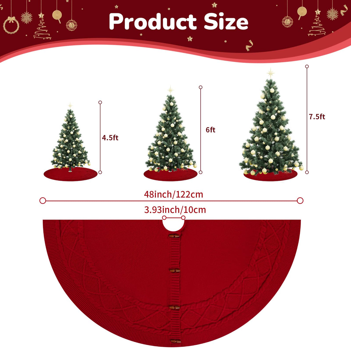 KCFESTIHUE Christmas Tree Skirt, 48 Inch Cable Knit Pattern, Luxury Xmas Holiday Decoration, Thick Rustic Fabric, Home Party Décor Red KCFESTIHUE