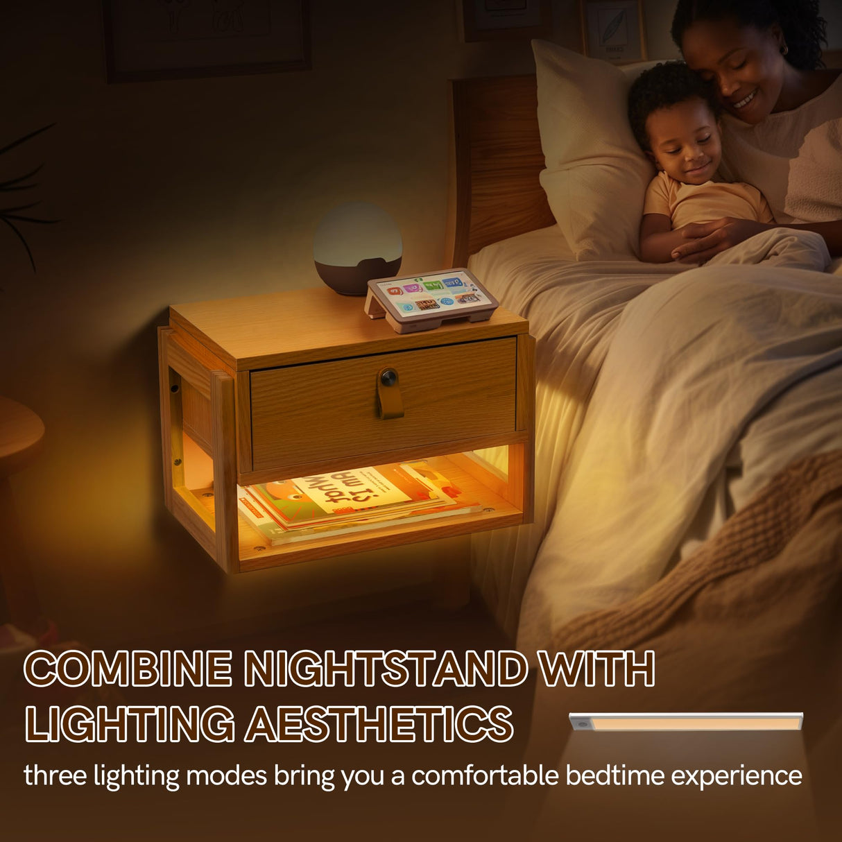 Afuly Floating Nightstand with LED Light Strips, Modern Night Stand with Drawer Wall Mounted Bedside End Table, Wood Nightstand Side Table Shelf for Bedroom Natural Wooden Decor Afuly