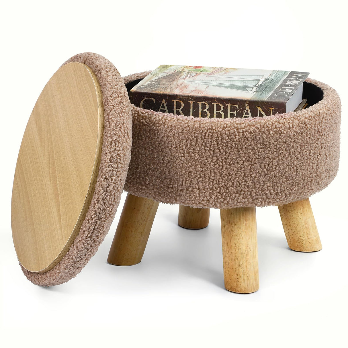 OGEMXU Storage Ottoman, Round Small Ottoman with Storage, Teddy Velvet Foot Stool with Wood Legs, Foot Rest for Chair, Soft Sponge Footstool for Living Room, Couch, Bedroom (Camel Brown) OGEMXU