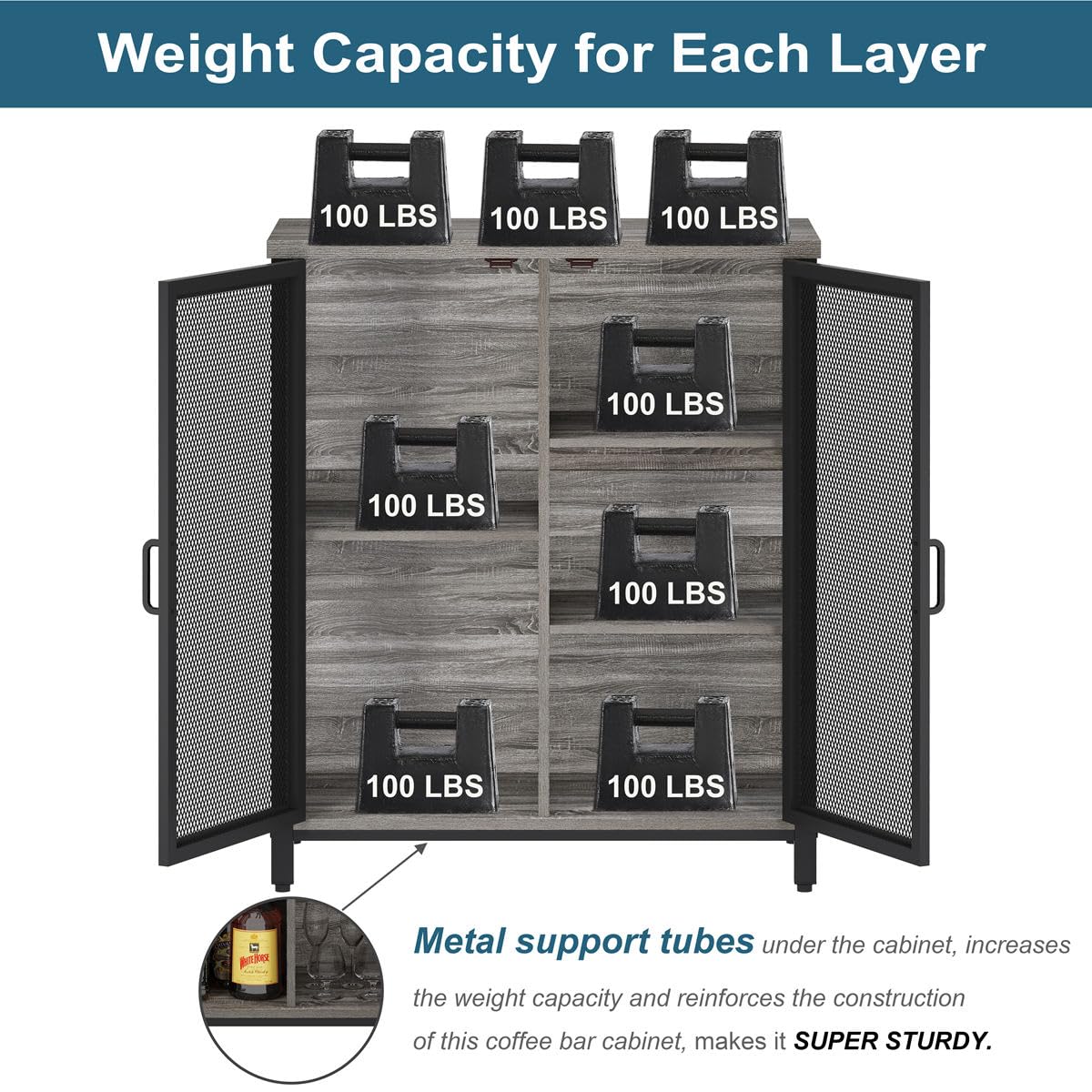 BON AUGURE Small Coffee Bar Cabinet for Liquor, Farmhouse Storage Cabinet with Doors, Wood Sideboard Buffet Cabinets for Home Kitchen, Dining Room, Living Room (Dark Grey Oak) BON AUGURE