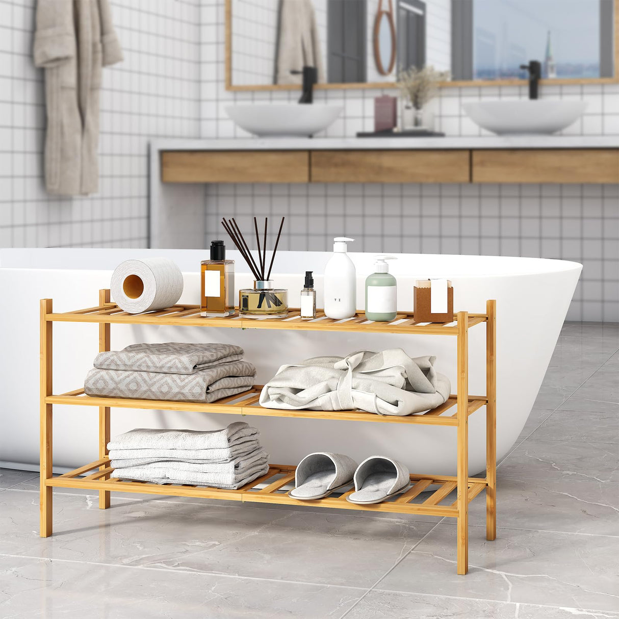 Furshus Long Shoe Rack, 3-Tier Bamboo Stackable Shoe Shelf Storage Organizer, Shoe Stand for Closet, Entryway and Hallway Furshus