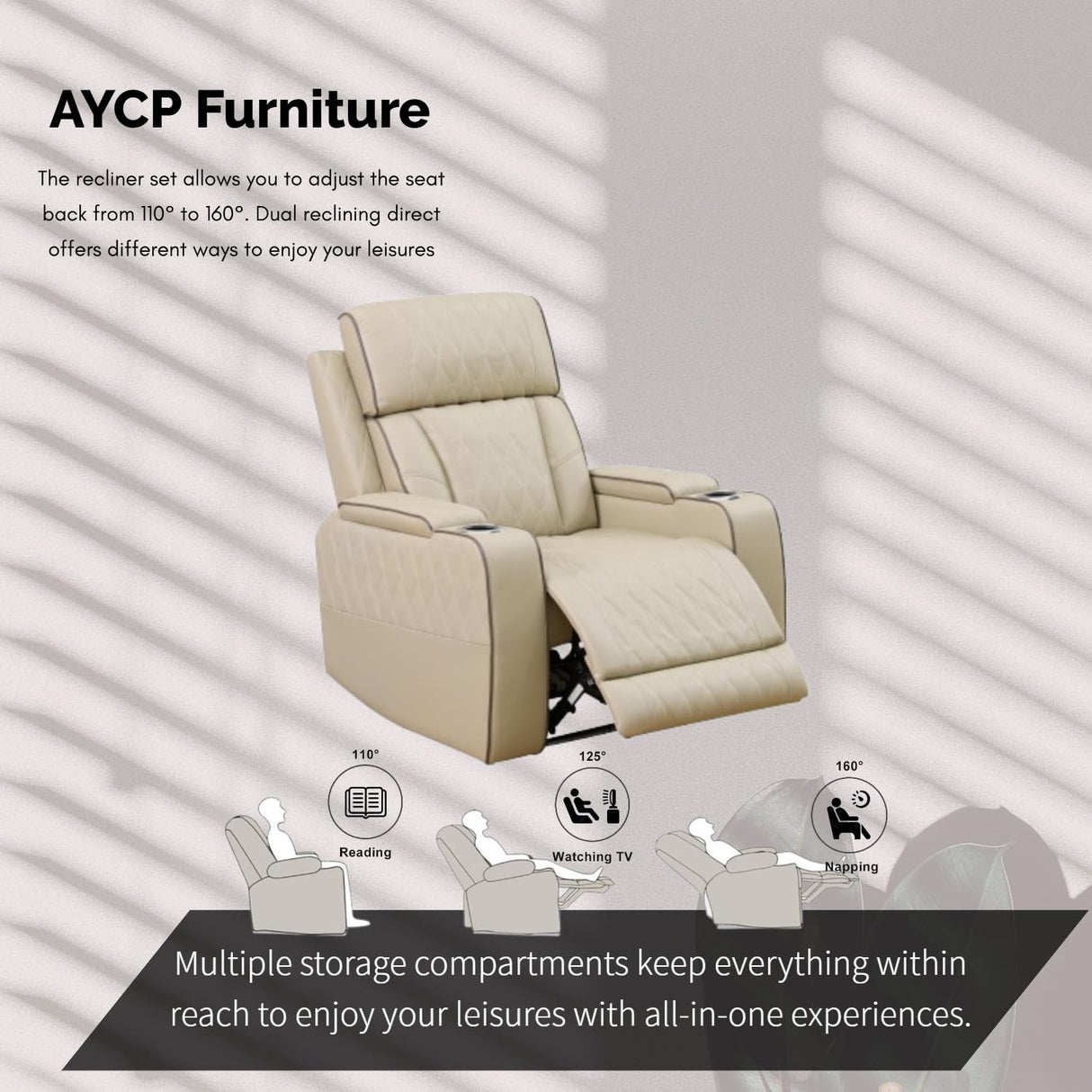 AYCP Furniture Power Recliner Set with LED Lights, Quilted Air Leather Reclining Set with USB Port/Storage/Cup Holder/Reader Light for House/Home Theater/Apt/Rv/Office (Beige, 3PC Full Set) AYCP Furniture