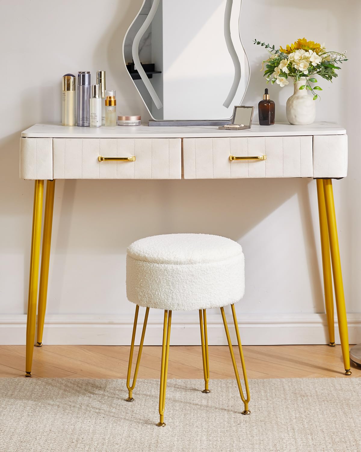 IBUYKE Teddy Velvet Storage Footrest Stool Ottoman, Makeup Vanity Stool Side Table with Removable Cover, Golden Steel Legs, Coffee Table Top Cover, White WBD010W IBUYKE