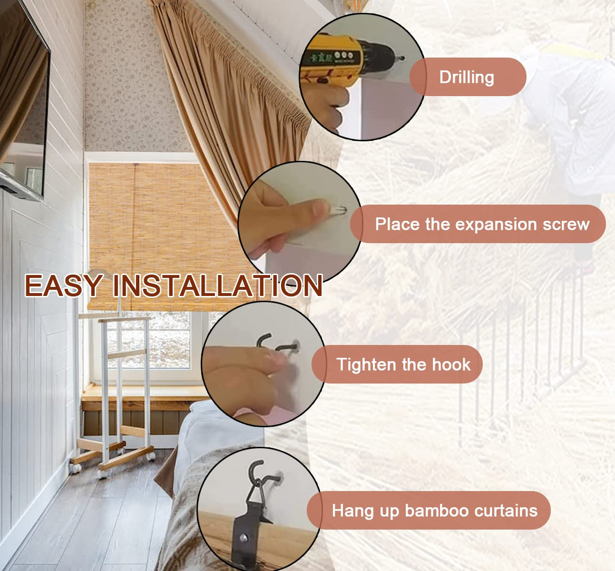 Outdoor Bamboo Roller Shades for Patio Roll Up Shade Waterproof Reed Roller Blinds Shade with Lift,Porch Privacy Translucent Roller Blinds,Waterproof Anti-UV Breathable Reed Curtains,Easy to Install Yhzeokm