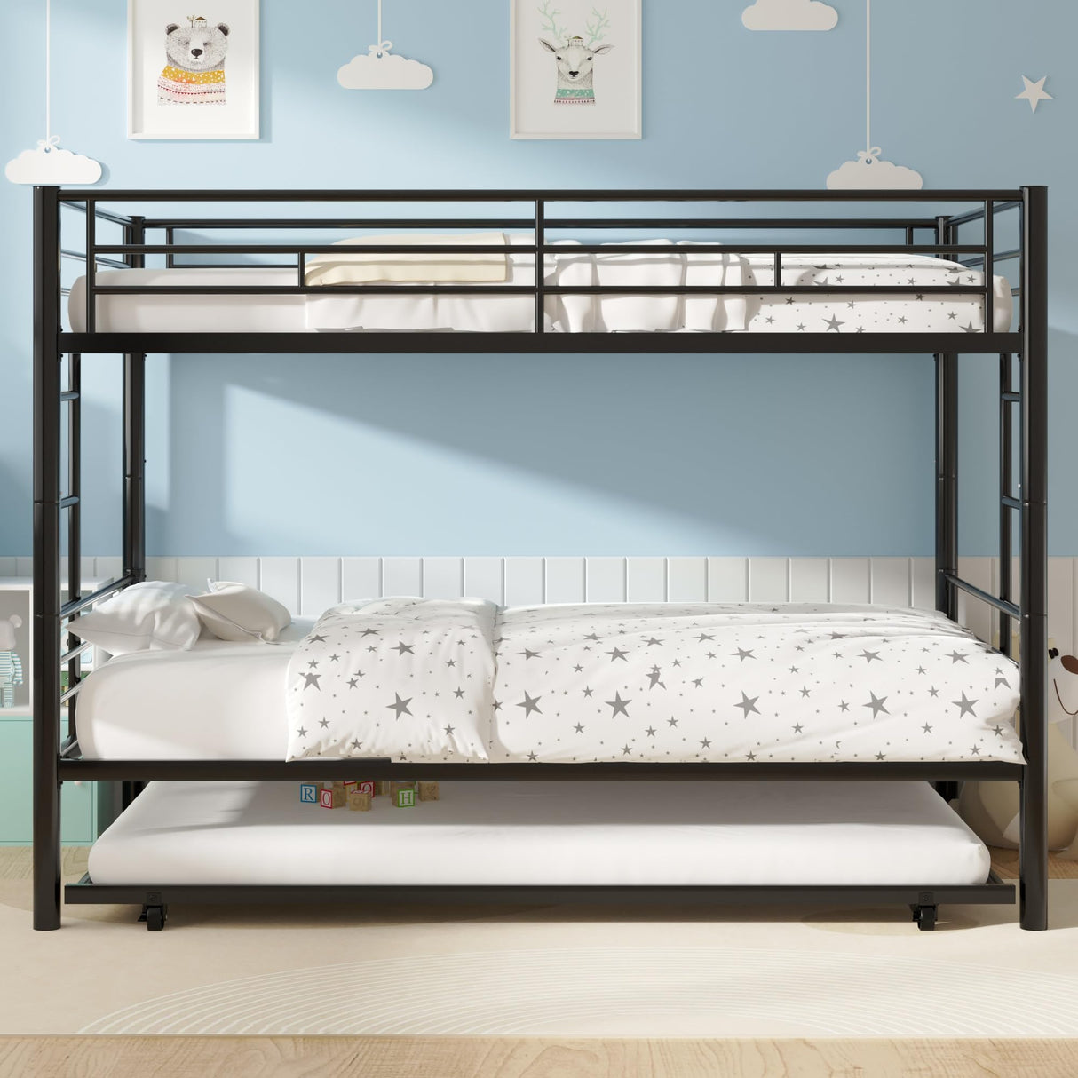 VECELO Bunk Bed Twin Over Twin with Trundle, Metal Bunkbeds with Ladder and Full-Length Guardrail, No Box Spring Needed, Space Saving, Noise Free, Black VECELO