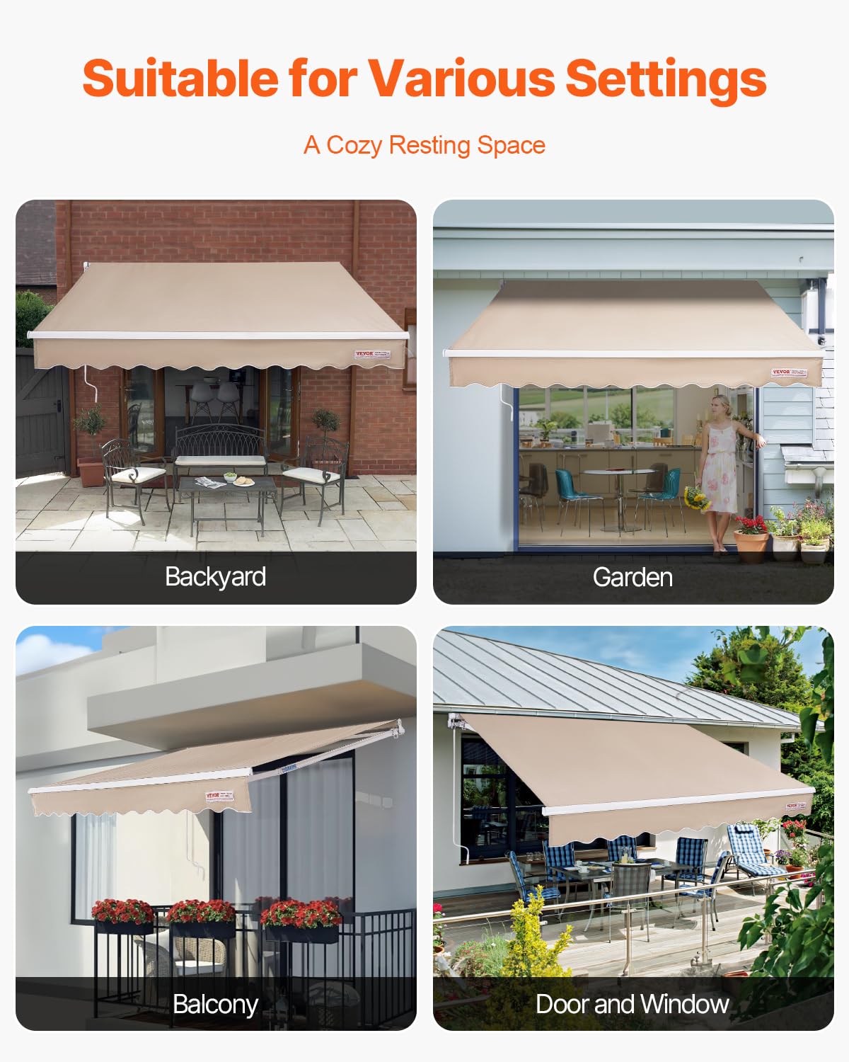 VEVOR Manual Retractable Awning, 12 x 10 ft Outdoor Patio Awning Retractable Sun Shade, Patio Door Window Water-Resistant Polyester Awning Sunshade Shelter with Crank Handle for Balcony, Backyard VEVOR