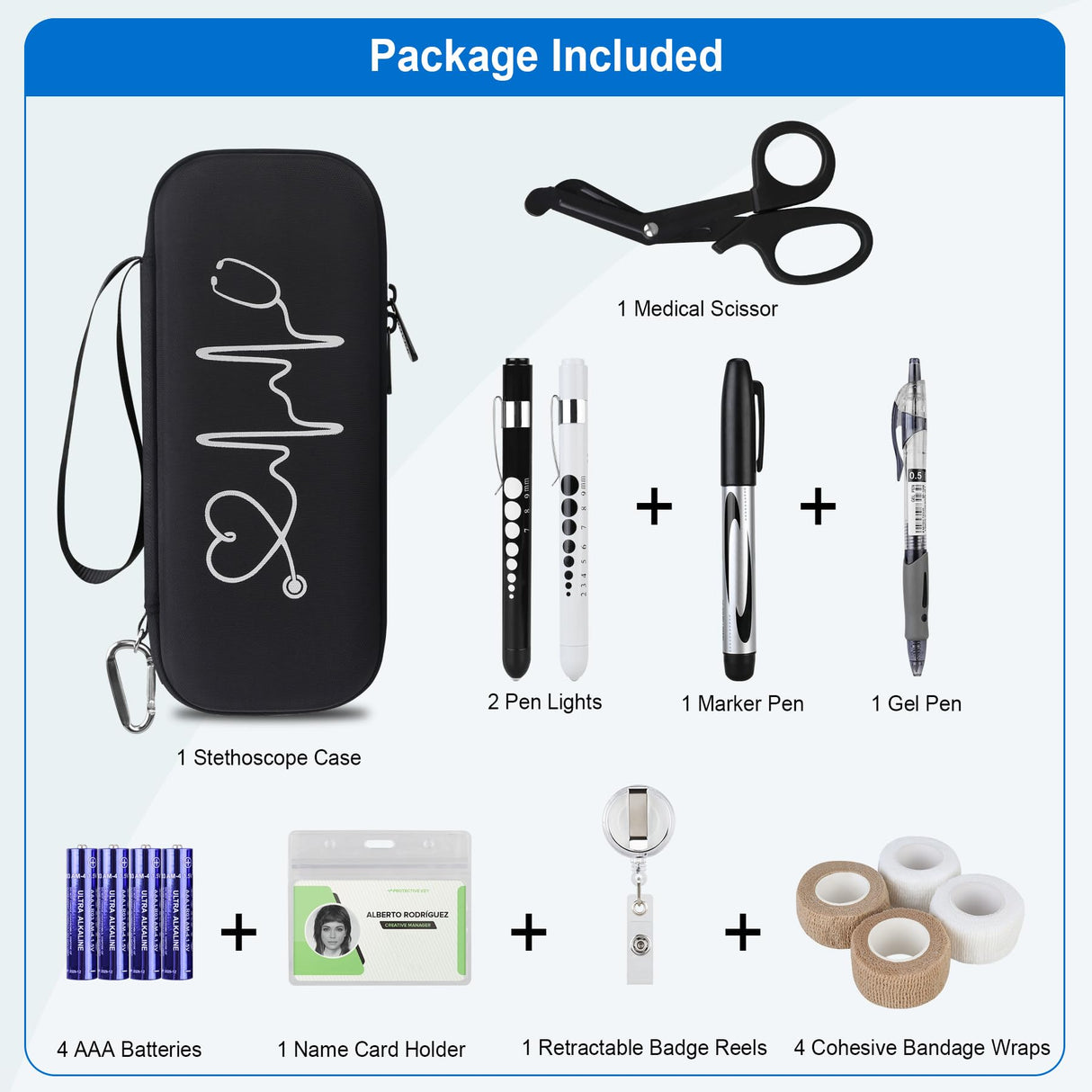 BOVKE Stethoscope Case Kit, 15 Pcs Tool Set Perfect Nurse Gift Include Stethoscope Case, Medical Scissor, Bandage Wraps, 2 Penlights with Batteries, Bandage Holder for Nurses, Black+Black BOVKE