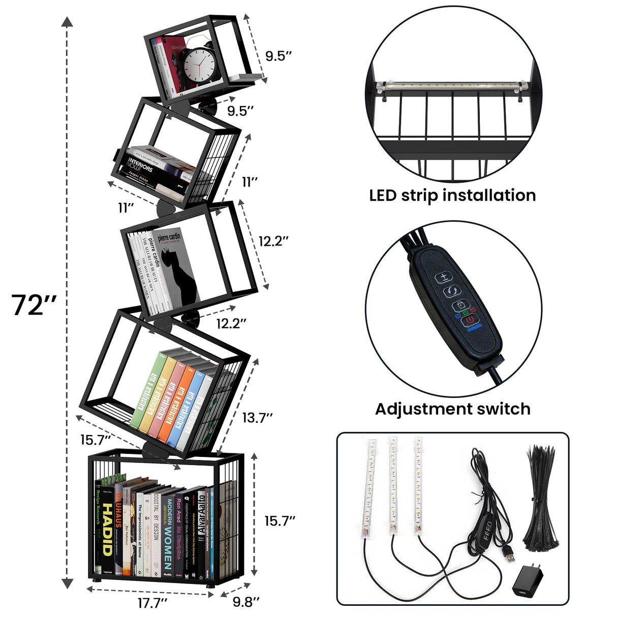 sugitek 5-Tier Skinny Bookshelf with Unique Geometric Design - Modern Metal Bookcase with LED Lights, Space-Saving Narrow Organizer for Living Room, Bedroom, Office, Corner- Black sugitek