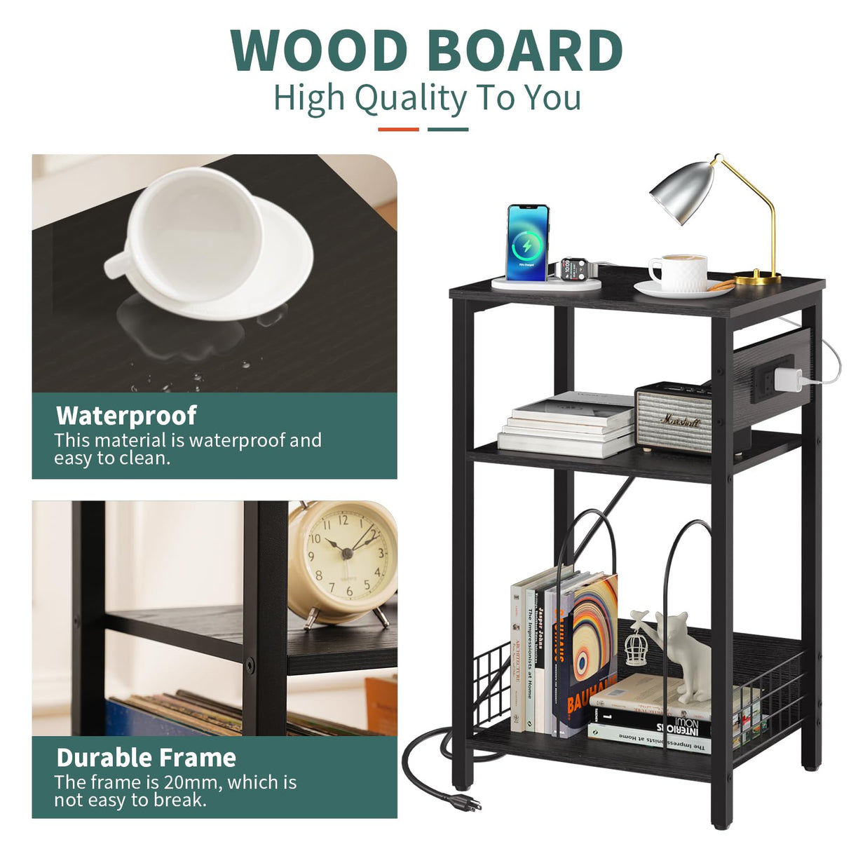 Yoobure Record Player Stand, 3-Tier End Table with Charging Station, Small Side Table for Living Room Bedroom, Nightstand for Vinyl Storage, Tall Beside Tables Turntable Stand for Album CD Yoobure