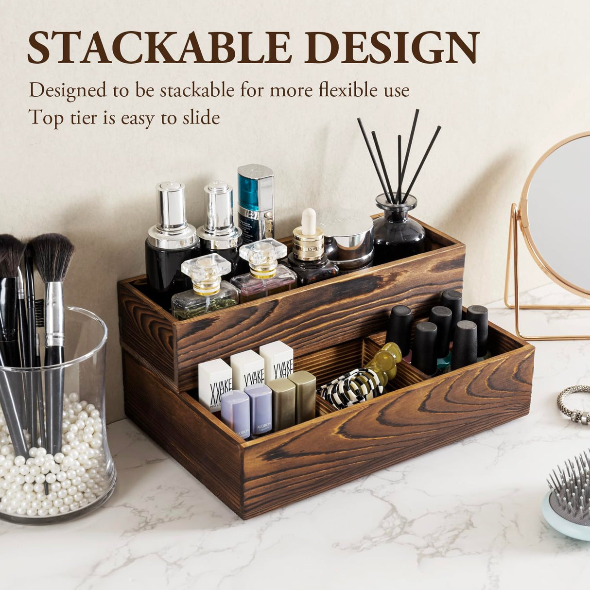 MyGift Counter Storage Organizer, 2 Tier Rustic Burnt Solid Wood Stackable Modular Vanity Countertop Storage Organizer Trays, Decorative Bathroom Makeup Cosmetic Box, 2 Piece Set MyGift