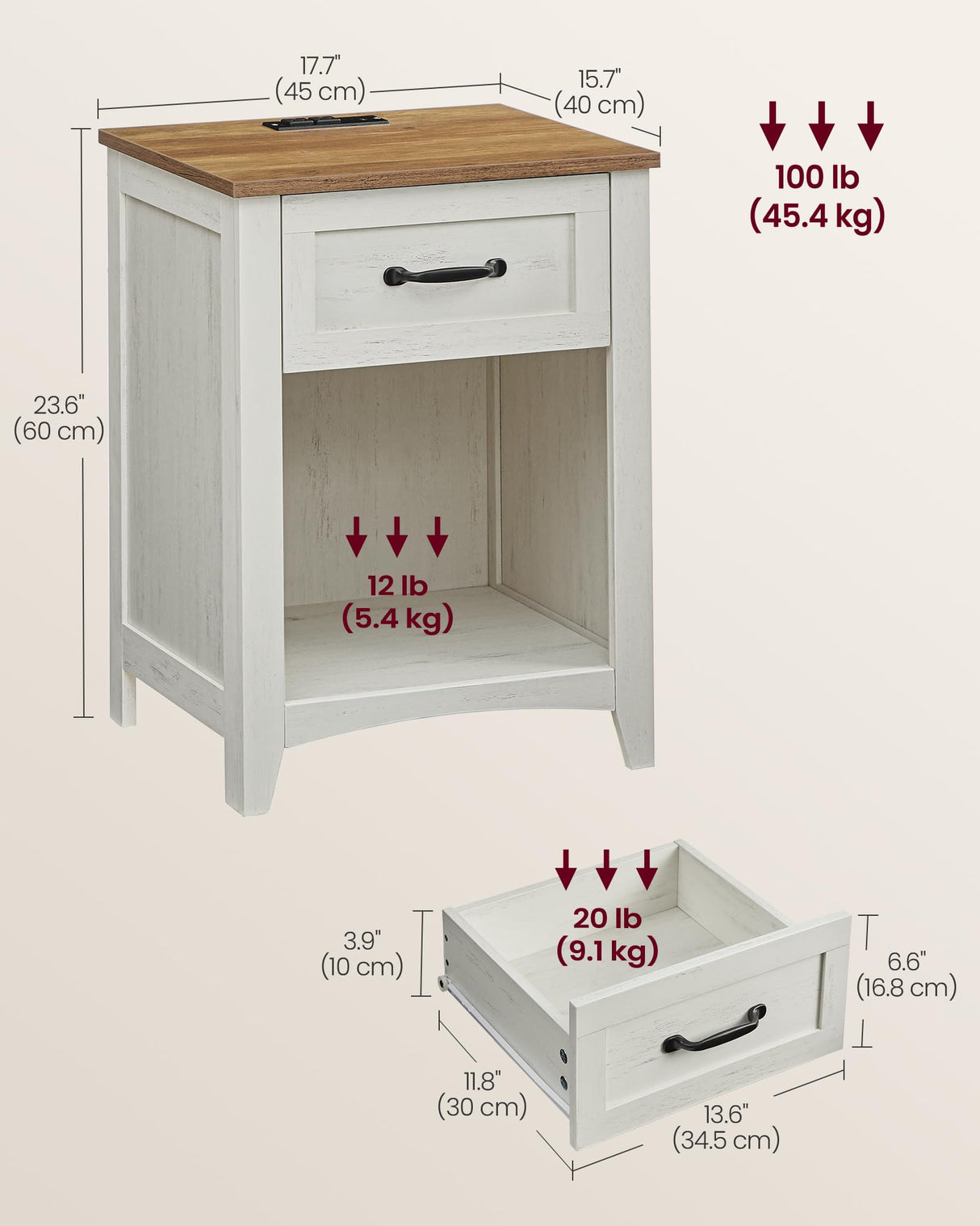 VASAGLE Farmhouse Nightstand with Charging Station, Bedside Table with Drawer, Open Compartment, Side Table with Storage, for Bedroom, Rustic White VASAGLE